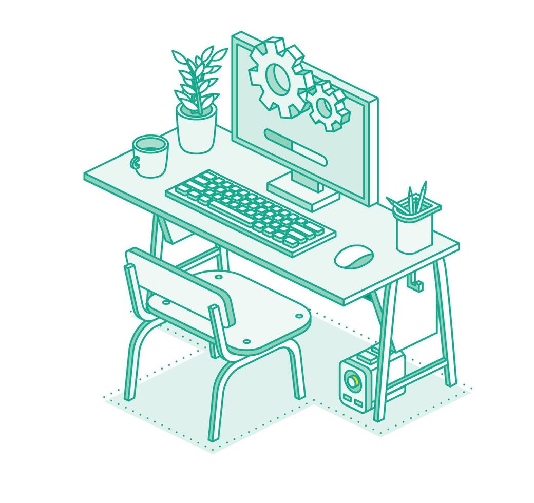 Isometric 3d technology workspace concept. Computer, monitor, plant in pot, desktop and chair. Outline concept. vector