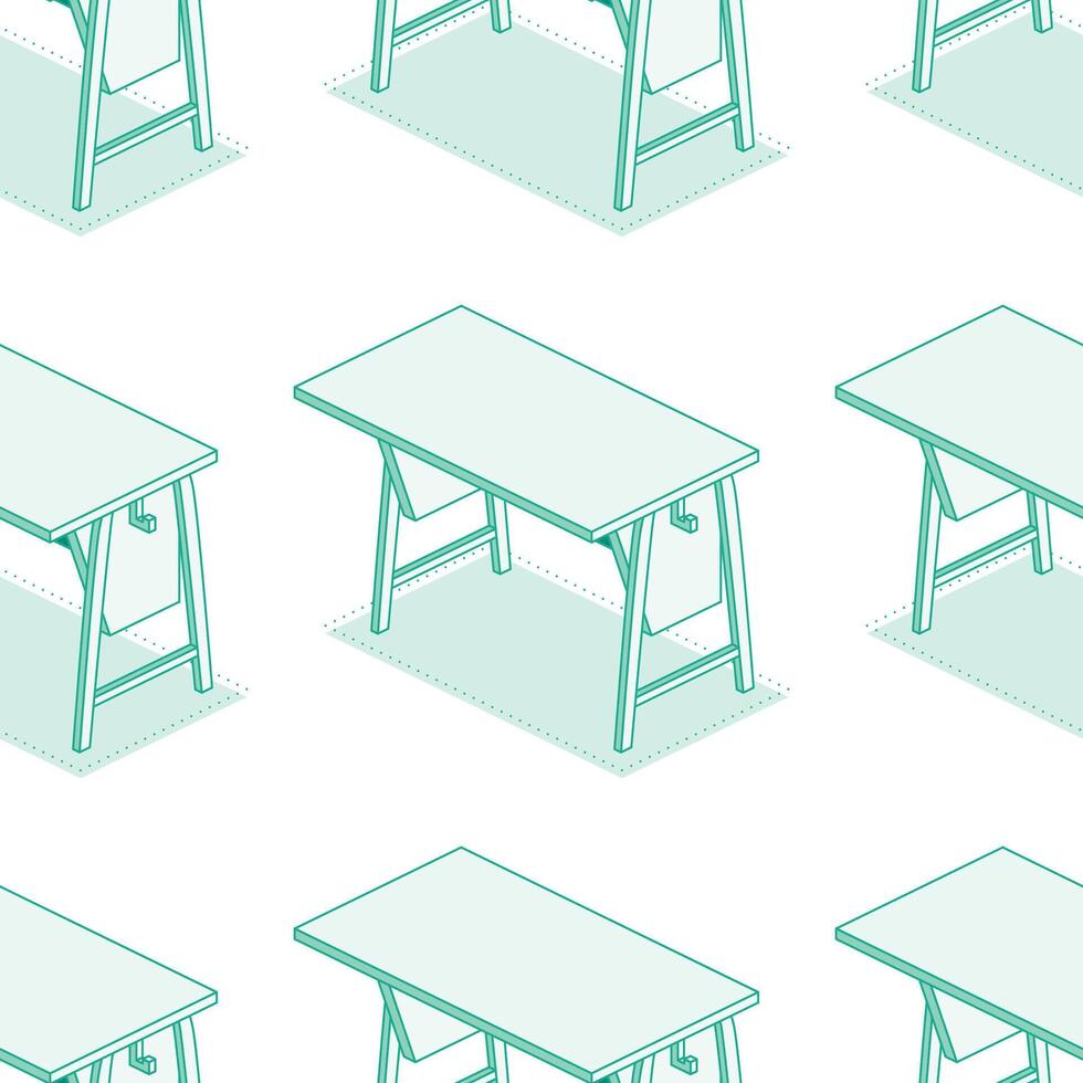 Isometric school desk tables. Seamless pattern. Outline objects isolated on white background. Classroom. vector