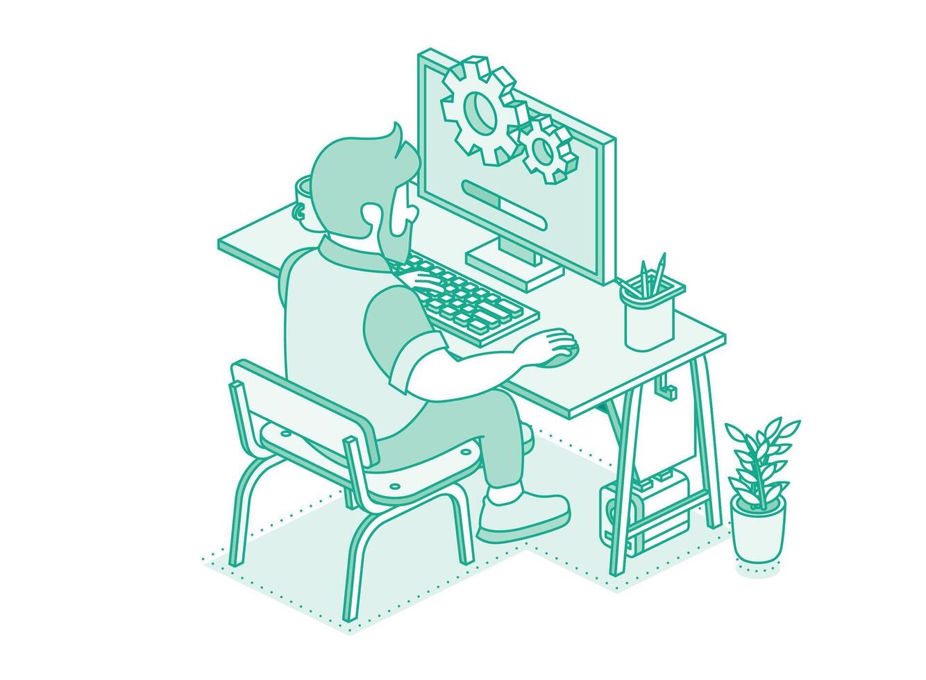 Man sitting on computer. Isometric 3d technology workspace concept. Computer, monitor, plant in pot, desktop and chair. Outline concept. Online support. Home office. vector