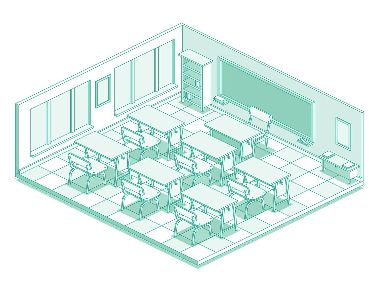 Isometric empty school classroom. Outline style with green lines. Room with desk tables and chairs. Workspace with windows. vector