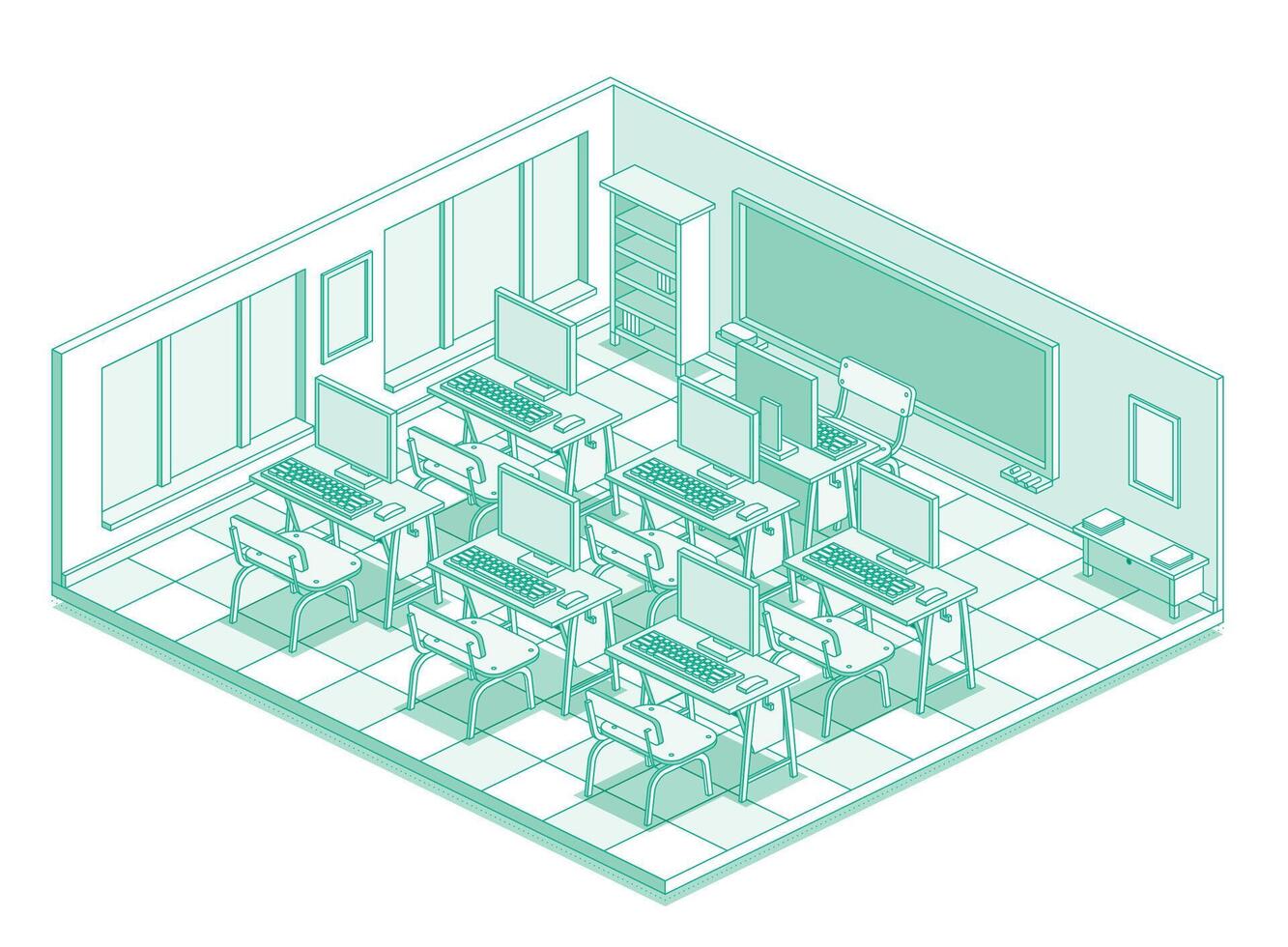 Isometric empty computer classroom in school. Outline style with green lines. Room with desk tables, chairs, monitors and keyboards. Workspace with windows. vector
