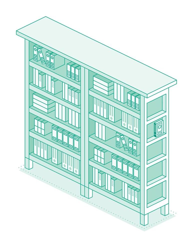 Isometric bookshelf with different books. Outline style with green lines. Library. Detail of bookshop. vector