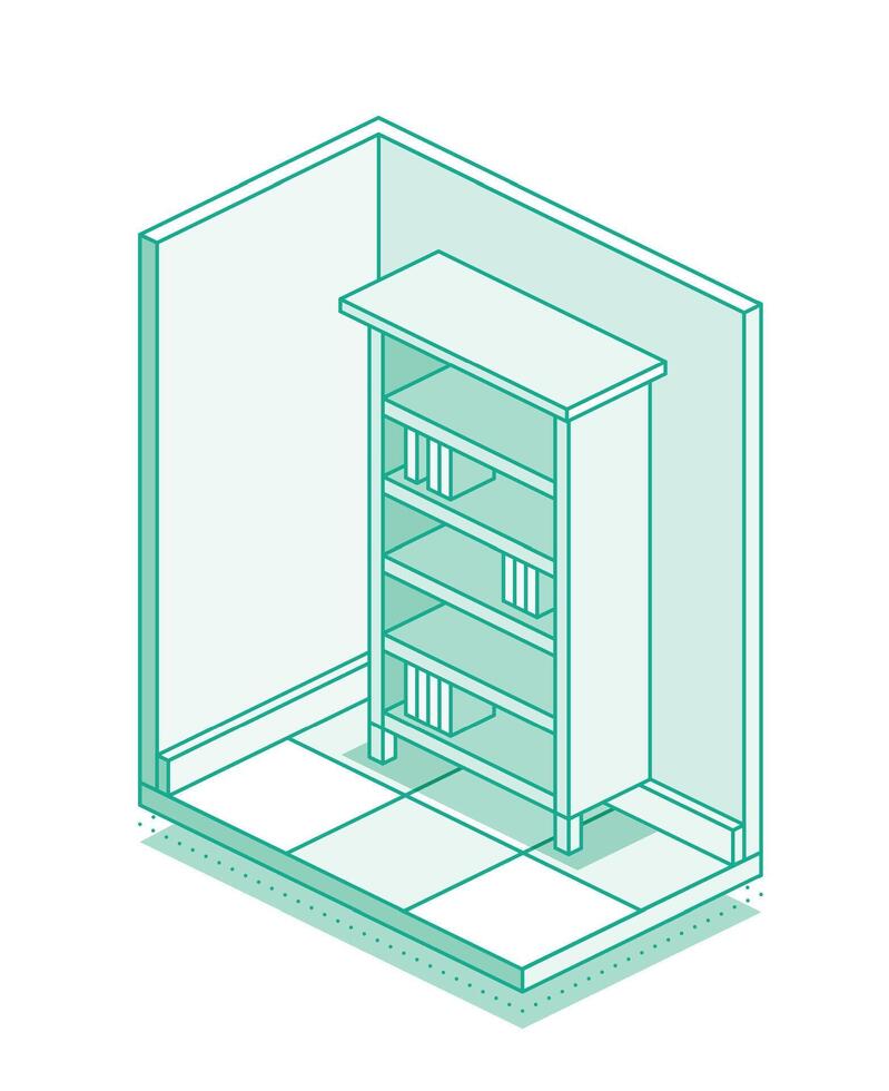 Isometric bookshelf. Outline style with green lines. vector