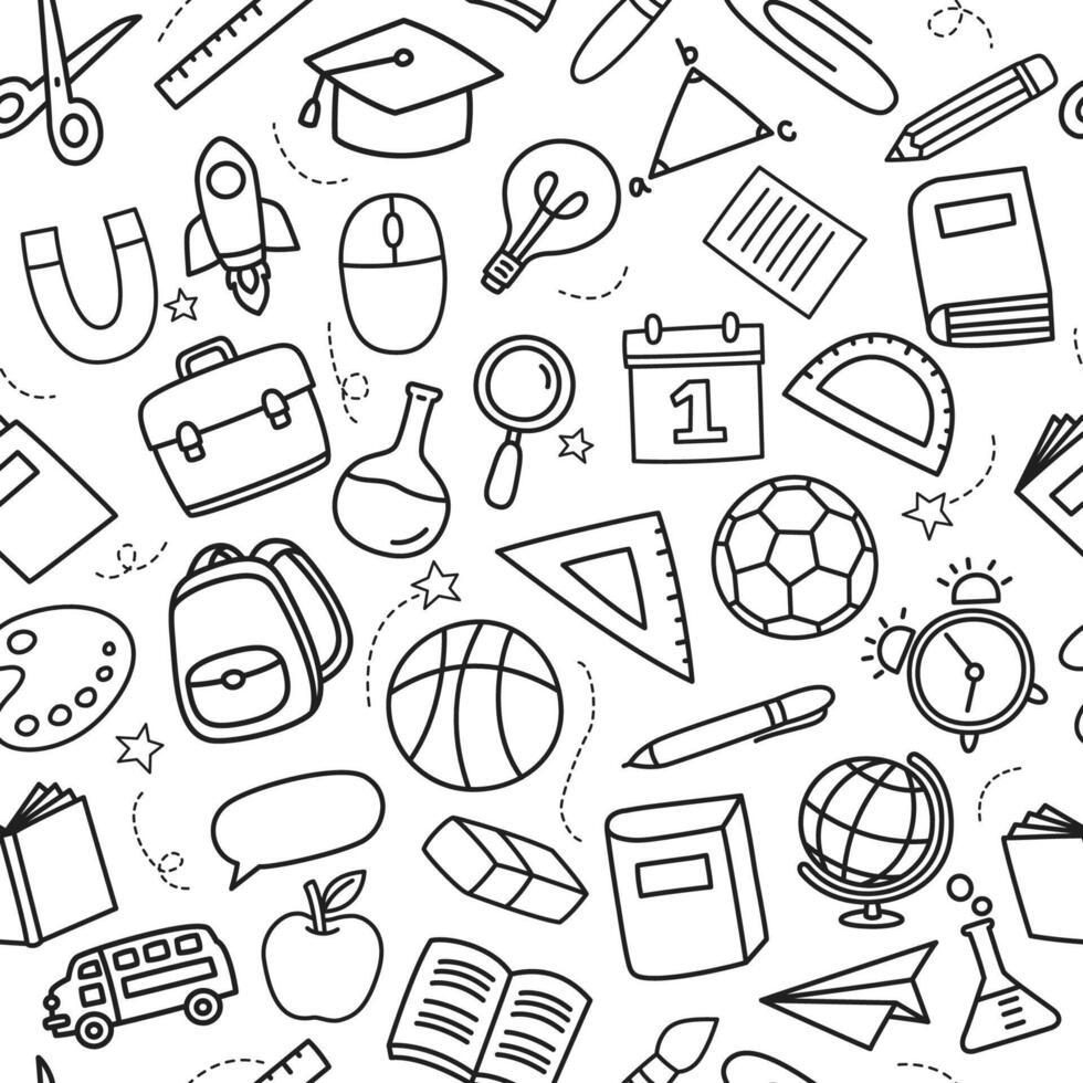 Back to school seamless pattern doodle style background. Education hand drawn objects and symbols with thin line. vector