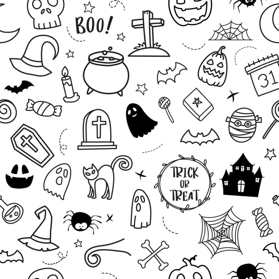 Halloween hand drawn pattern seamless background. Cover halloween doodle style for textile fabric cute design. vector