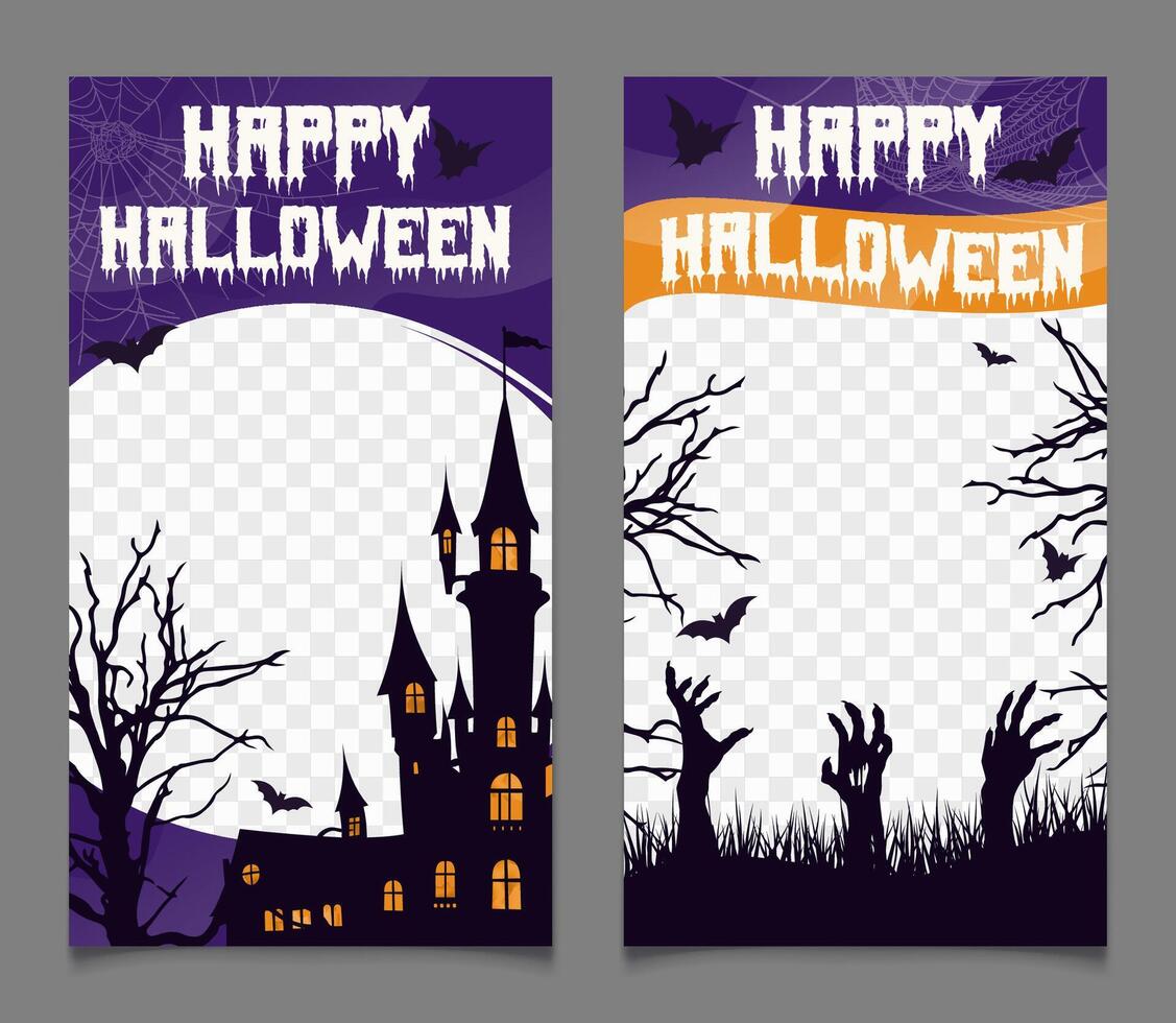 Halloween photo frame templates set with a haunted castle, zombie hands, bats and bare trees. Perfect for Halloween invitations, social media posts or party decorations. illustration. vector