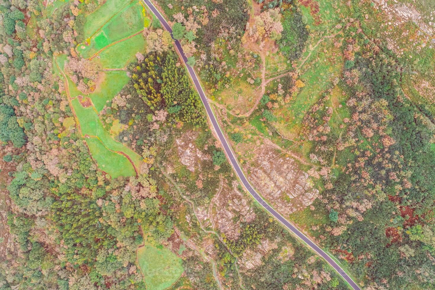 aerial view with drone over a road in a rural mountain area in autumn photo