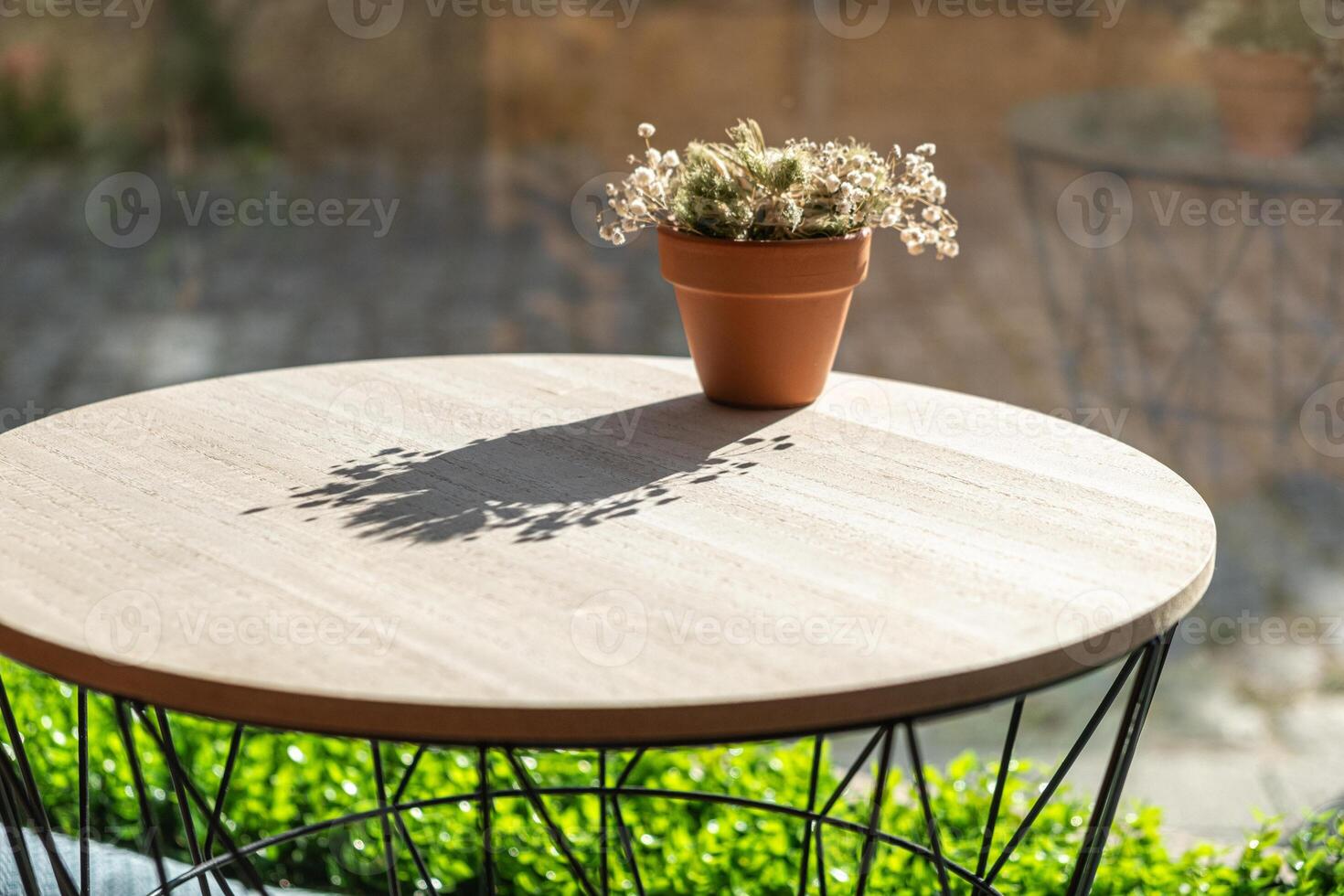 outdoor coffee table with a small pot of dried flowers. photo