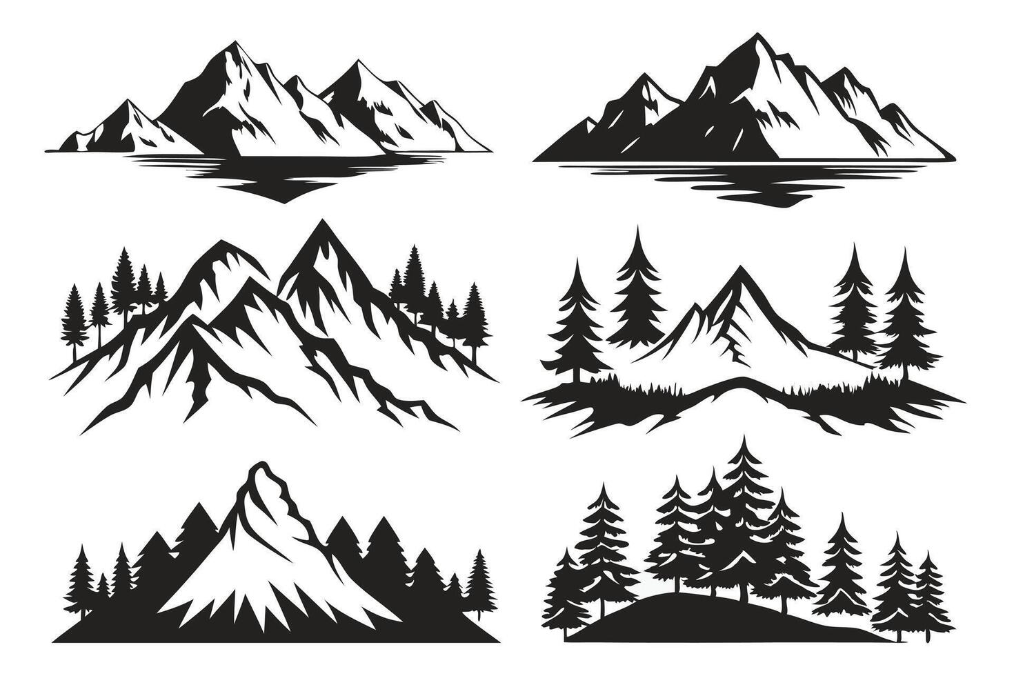 Vintage Monochrome Mountain Clipart Set, Retro Mountain Illustrations for Rustic Designs vector