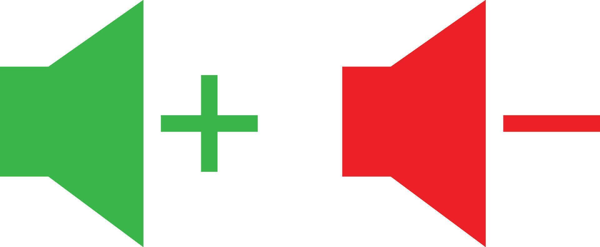 Green and red volume plus and minus icon set . Sound increase and decrease icons . illustration vector
