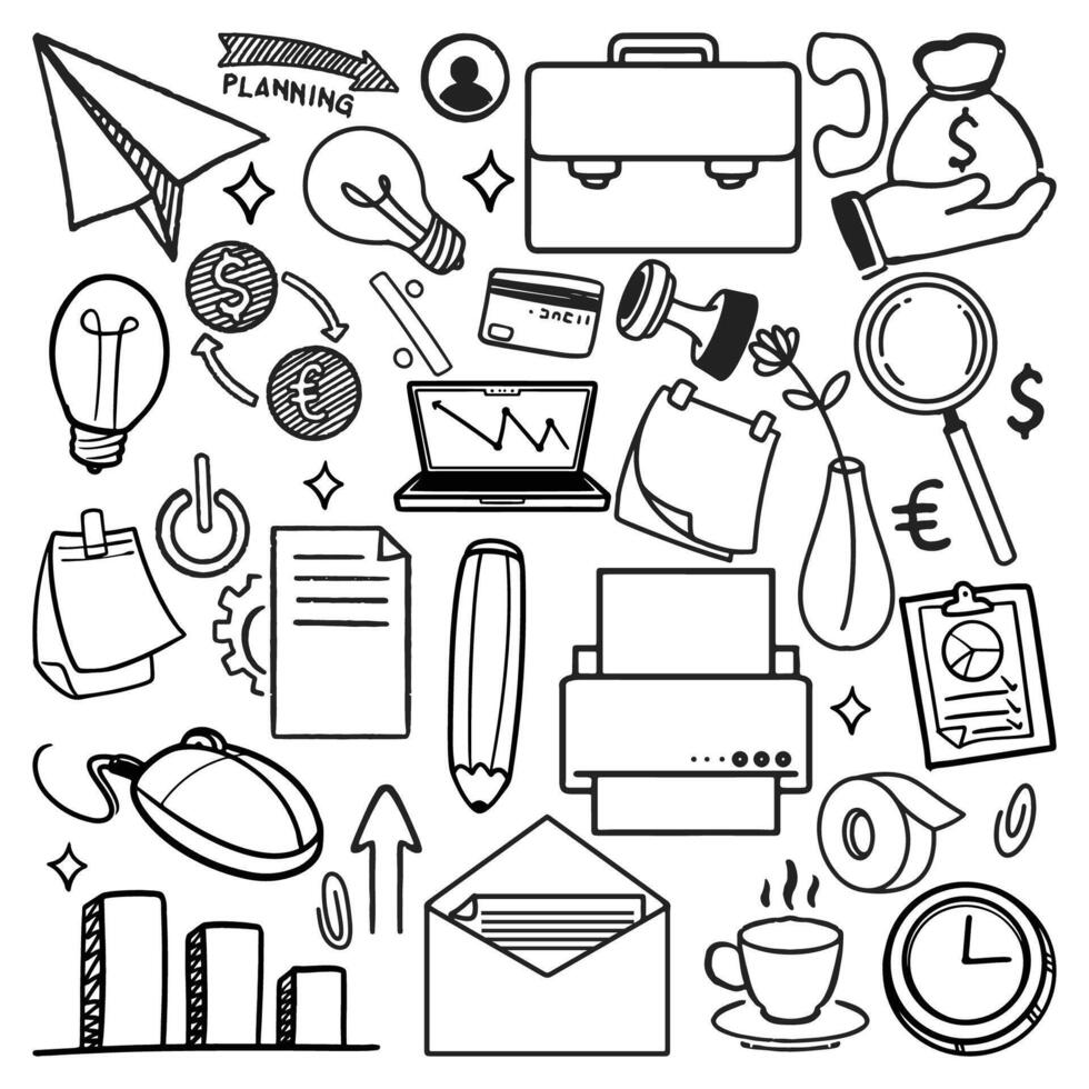 Business essential doodle drawing set. collection of various objects and symbols vector