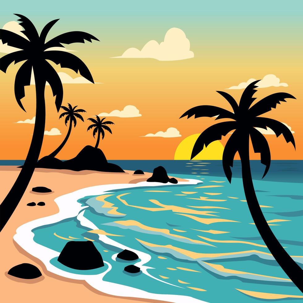 illustration of a beach and mountain with a sunset atmosphere vector