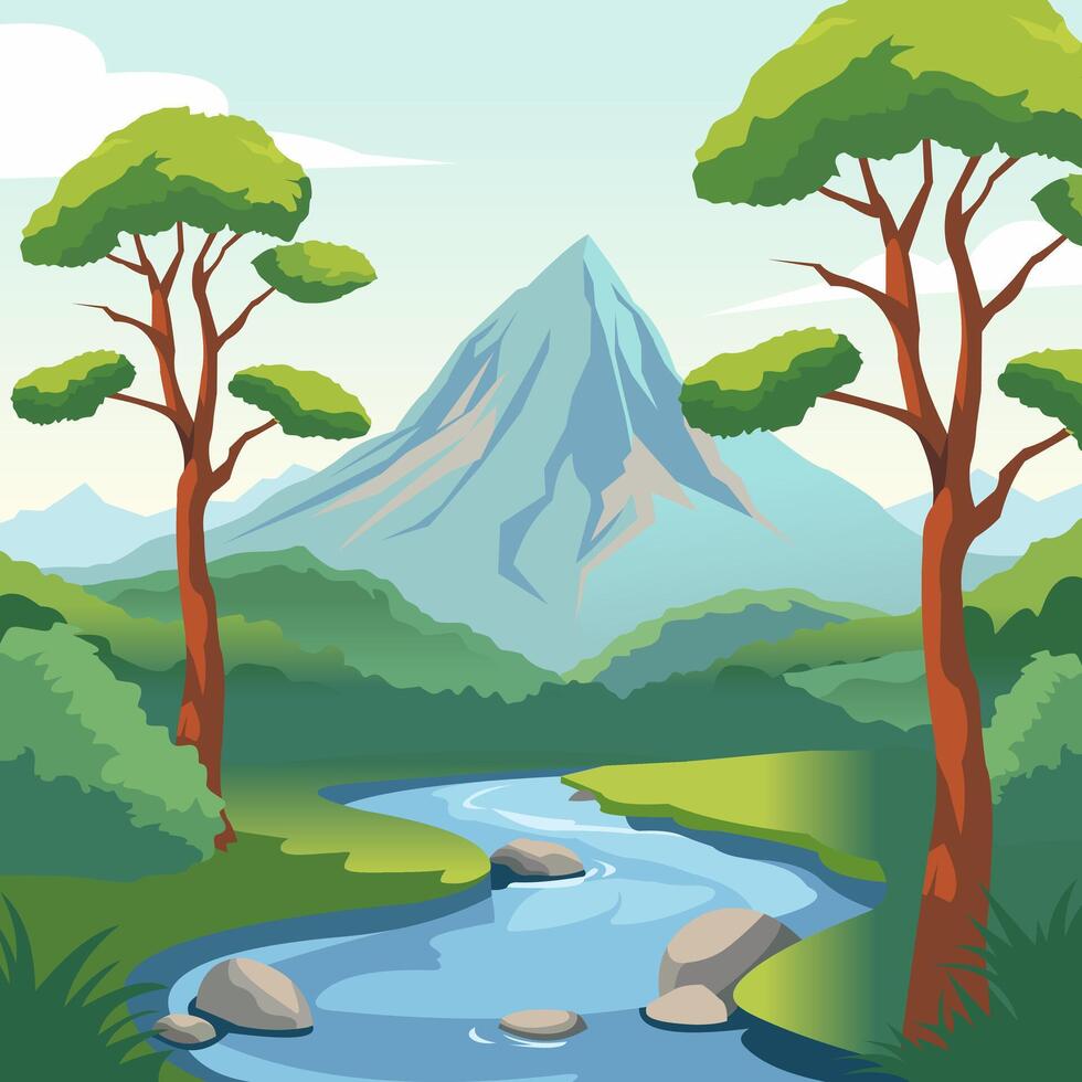 illustration of mountains, rivers and trees on a sunny day vector