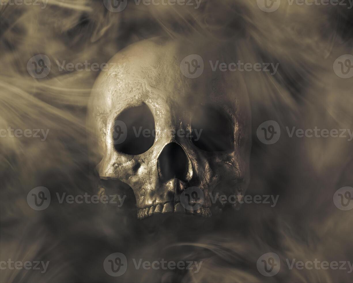 Terrifying human skull, haunted spirt, or frightening ghost rising from the mist. photo