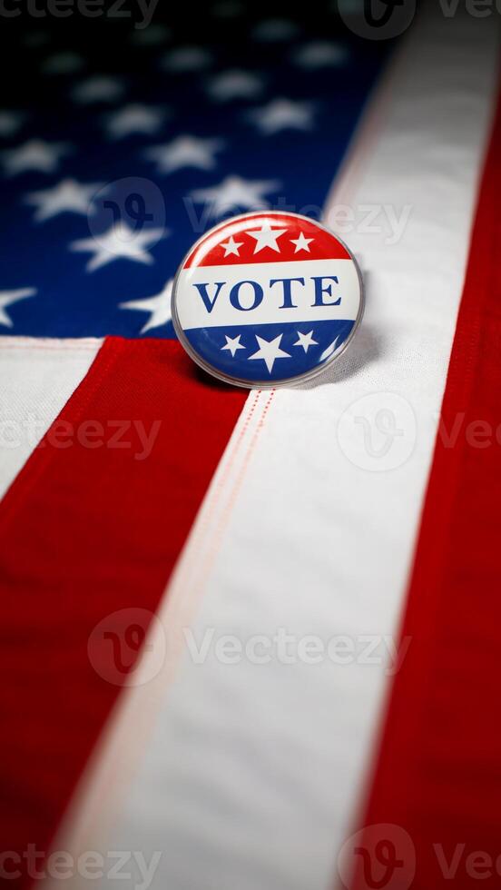 Vote button pin, in the red white and blue of the United States America on the American flag. To encourage voting, national pride, and political involvement in the US elections. Democracy in the USA. photo