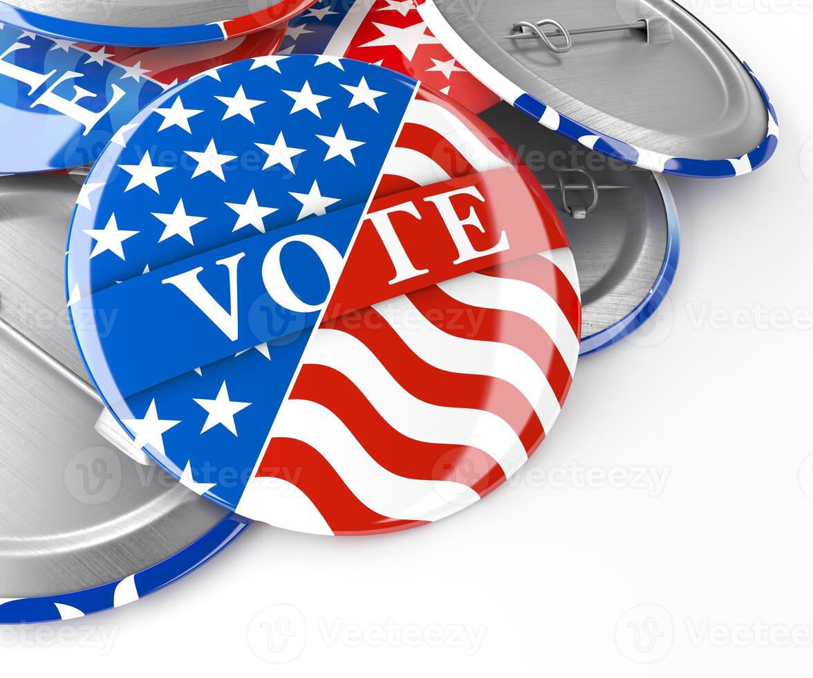 Pile of American red, white, and blue Vote pins. Collection of voting buttons for US presidential election or local elections. 3d render. photo
