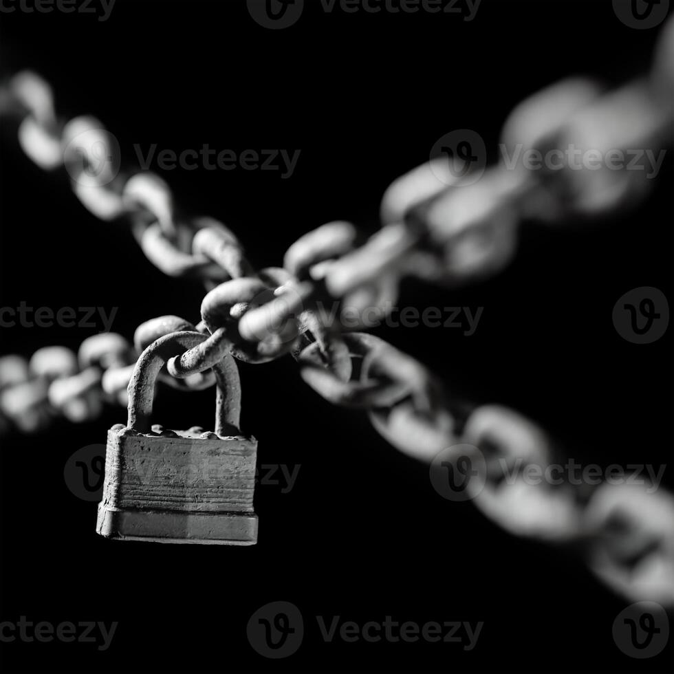 Worn rusted chain and pad lock on black background. Conceptual strength, protection, or security system. Shallow DOF. photo
