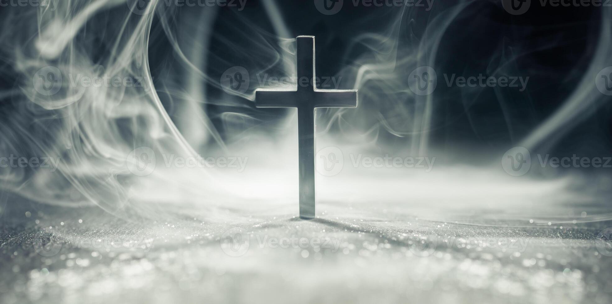 Abstract wallpaper of a Cross in heavenly, ethereal clouds and shining lights. Cross background symbolizing prayer, heaven, or spirituality. photo