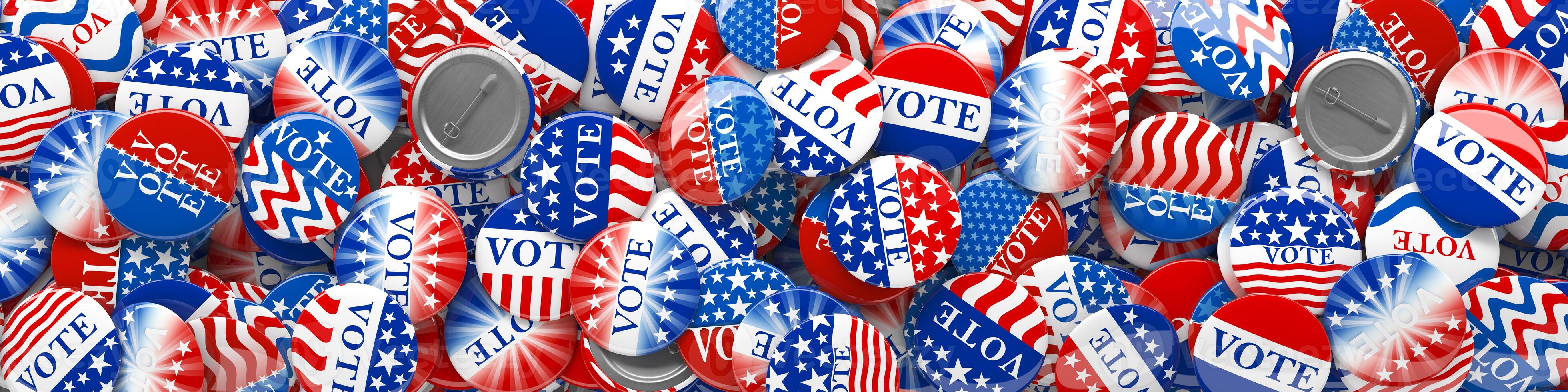 Pile of American red, white, and blue Vote pins. Collection of voting buttons for US presidential election or local elections. 3d render. photo