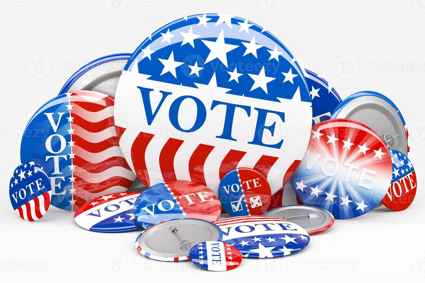 Pile of American red, white, and blue Vote pin. Collection of voting buttons for US presidential election or local elections. 3d render. photo
