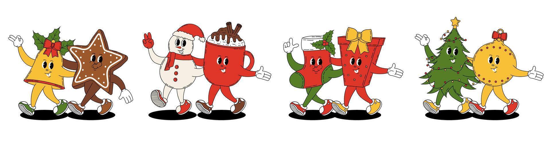 Retro groovy set of Christmas characters. Christmas tree, toy, bell, boot, gift, mug of hot chocolate, snowman, gingerbread. vector