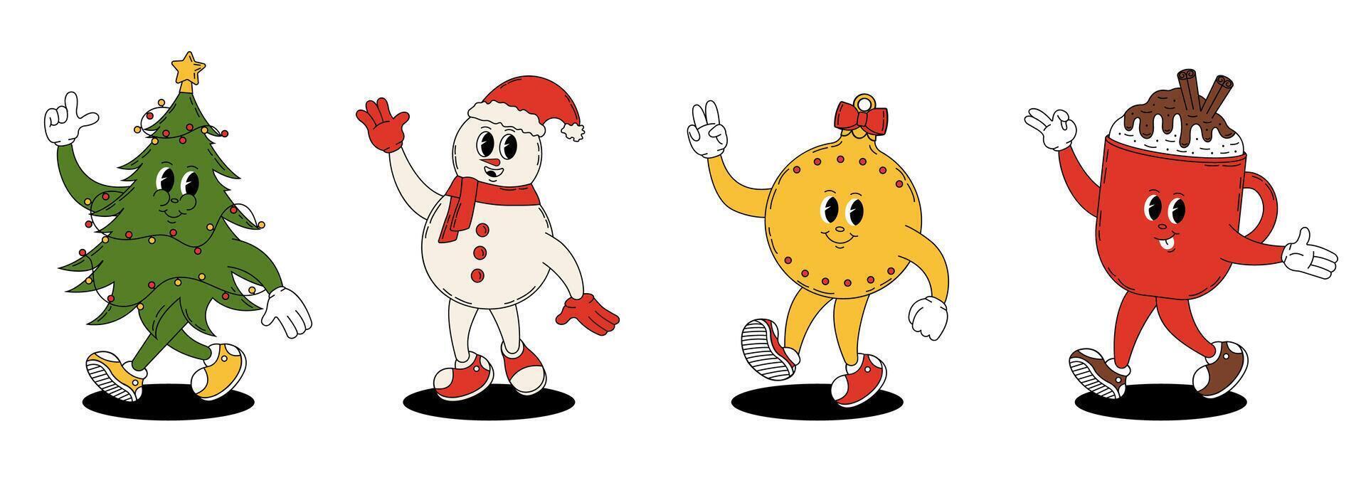 Christmas characters in retro groovy style. Christmas tree, toy, mug of hot chocolate and snowman. vector