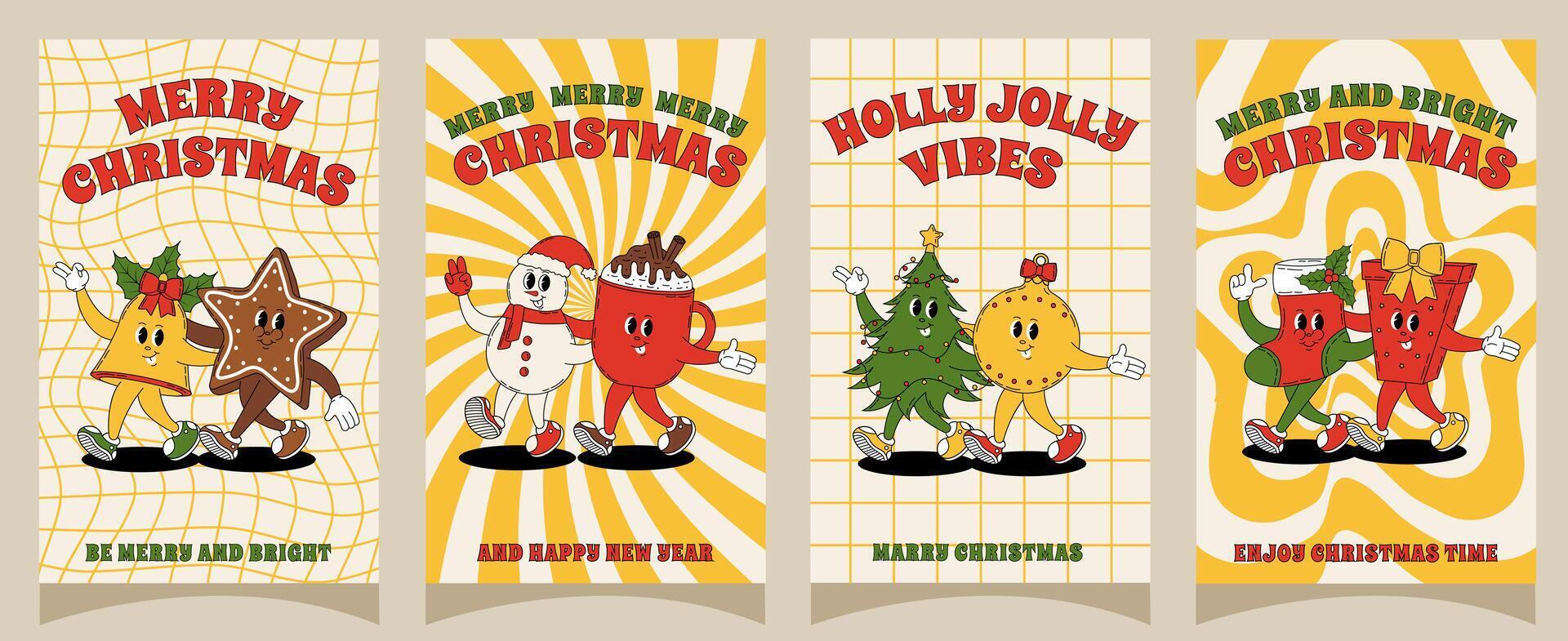 Merry Christmas and Happy New year posters in retro groovy style. vector