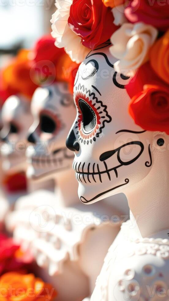 Close-up of a sugar skull with flowers photo
