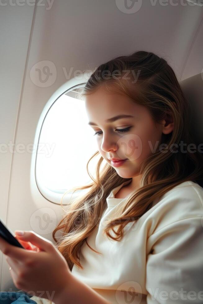 Young Girl Uses Smartphone on Airplane photo