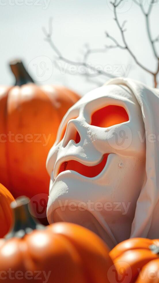 White Skull Ghost With Orange Pumpkins photo