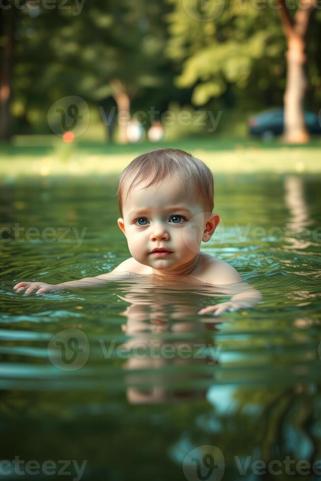 Baby Swimming in a Pond on a Sunny Day photo