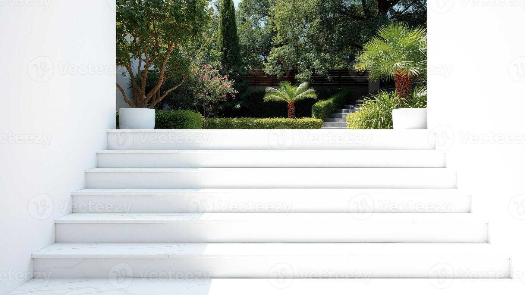 blanco pasos líder a un lozano verde jardín foto