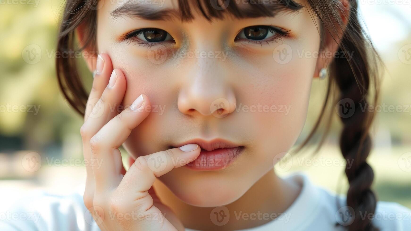 Close-up portrait of a young girl with a thoughtful expression photo