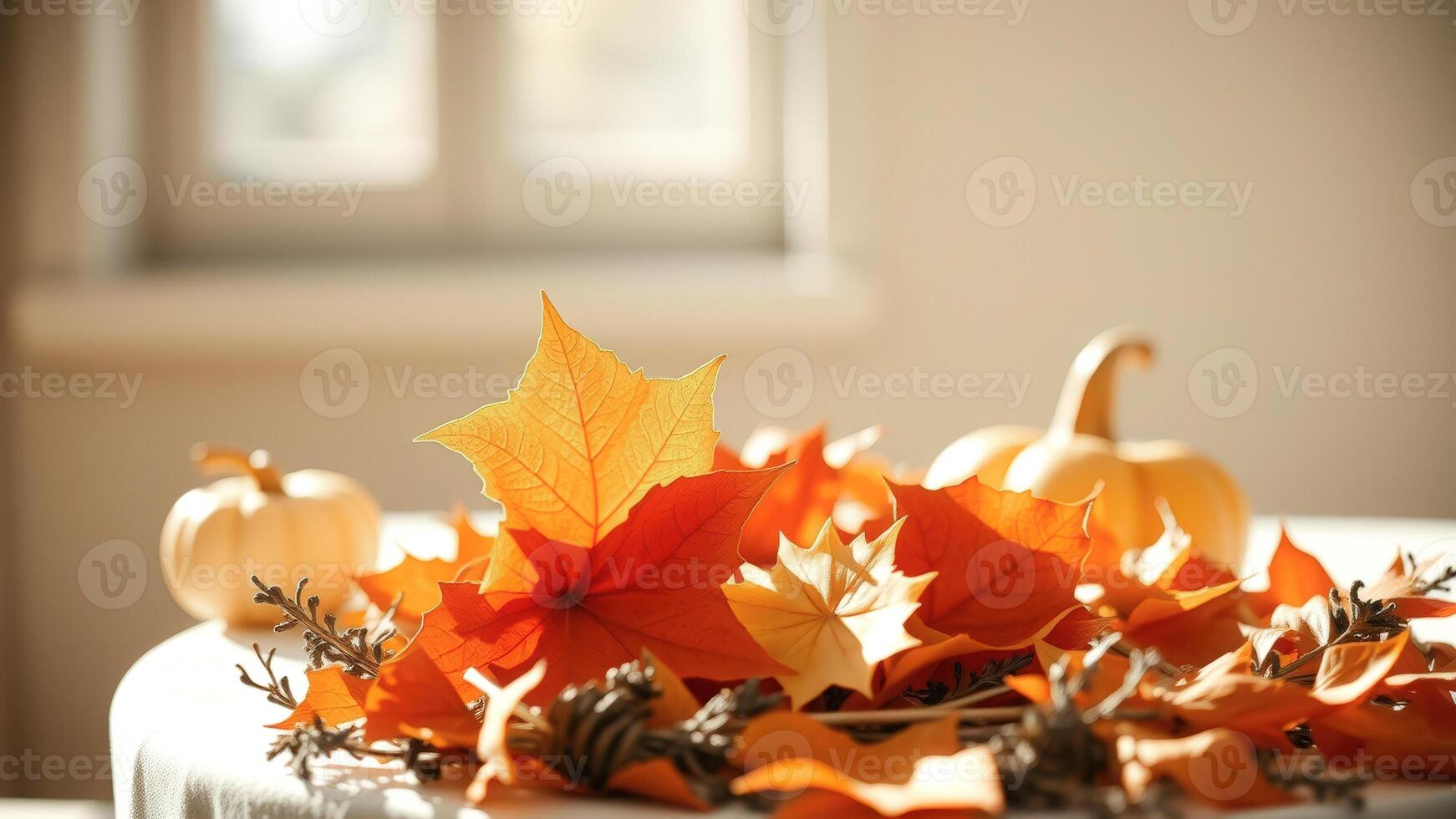 Autumn leaves and pumpkins on a white table photo