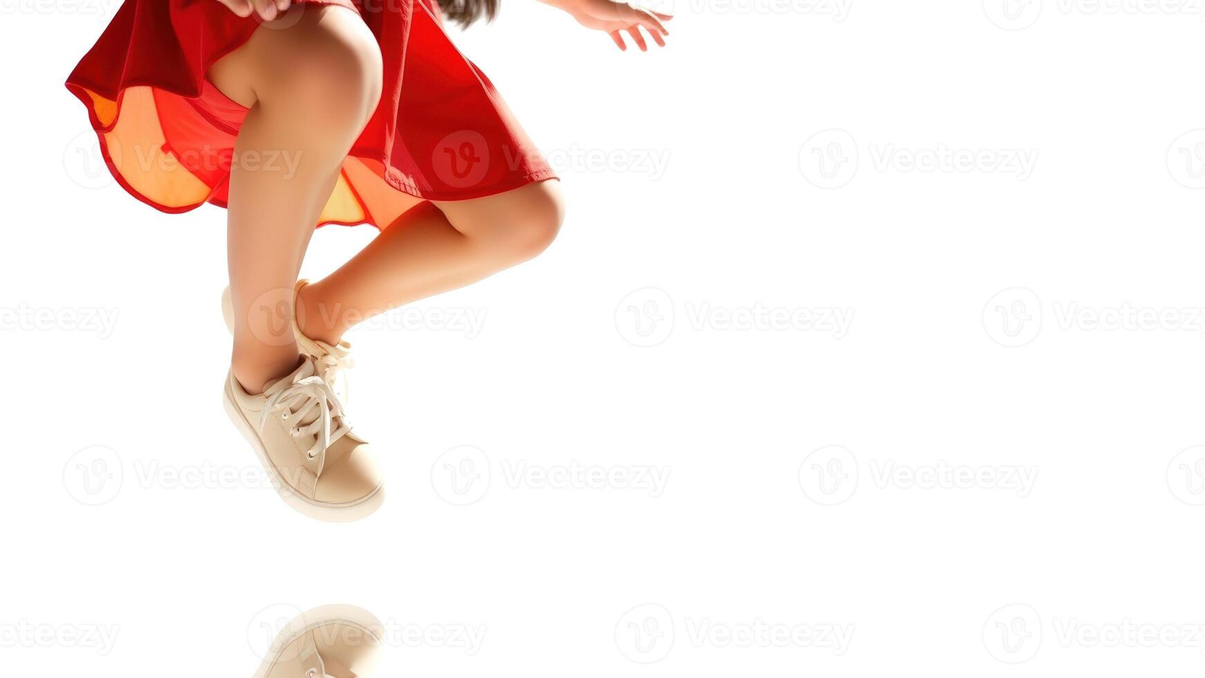 Young Woman in Red Dress Jumping Isolated on White photo
