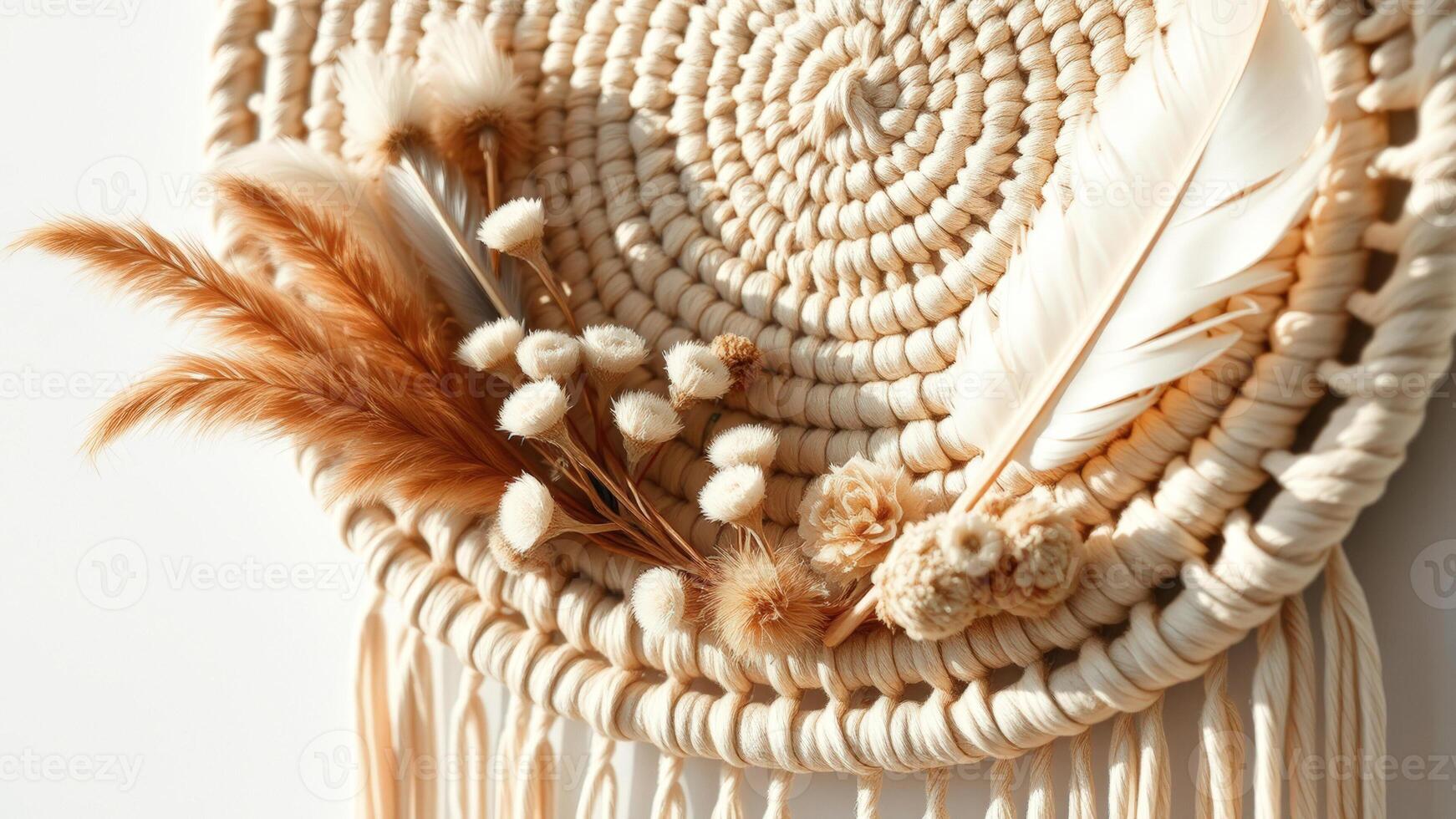Beige macrame wall hanging with dried flowers and feathers photo
