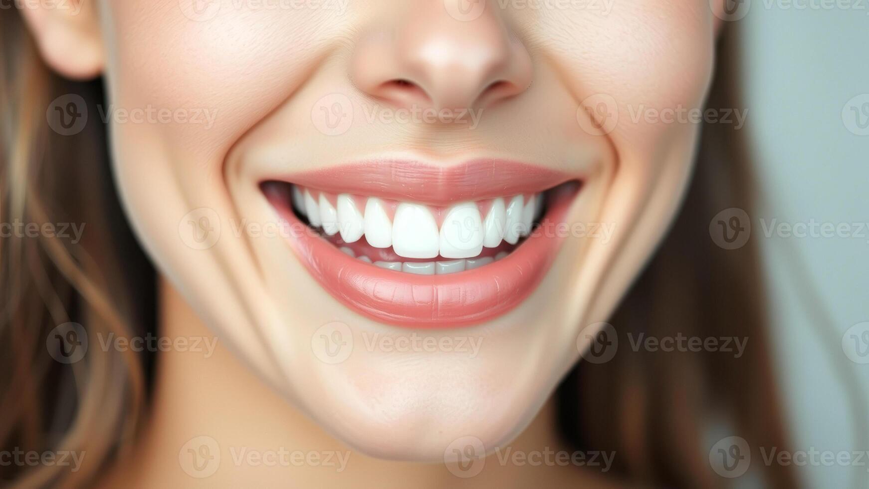 Closeup of a Woman's Smiling Mouth with White Teeth photo