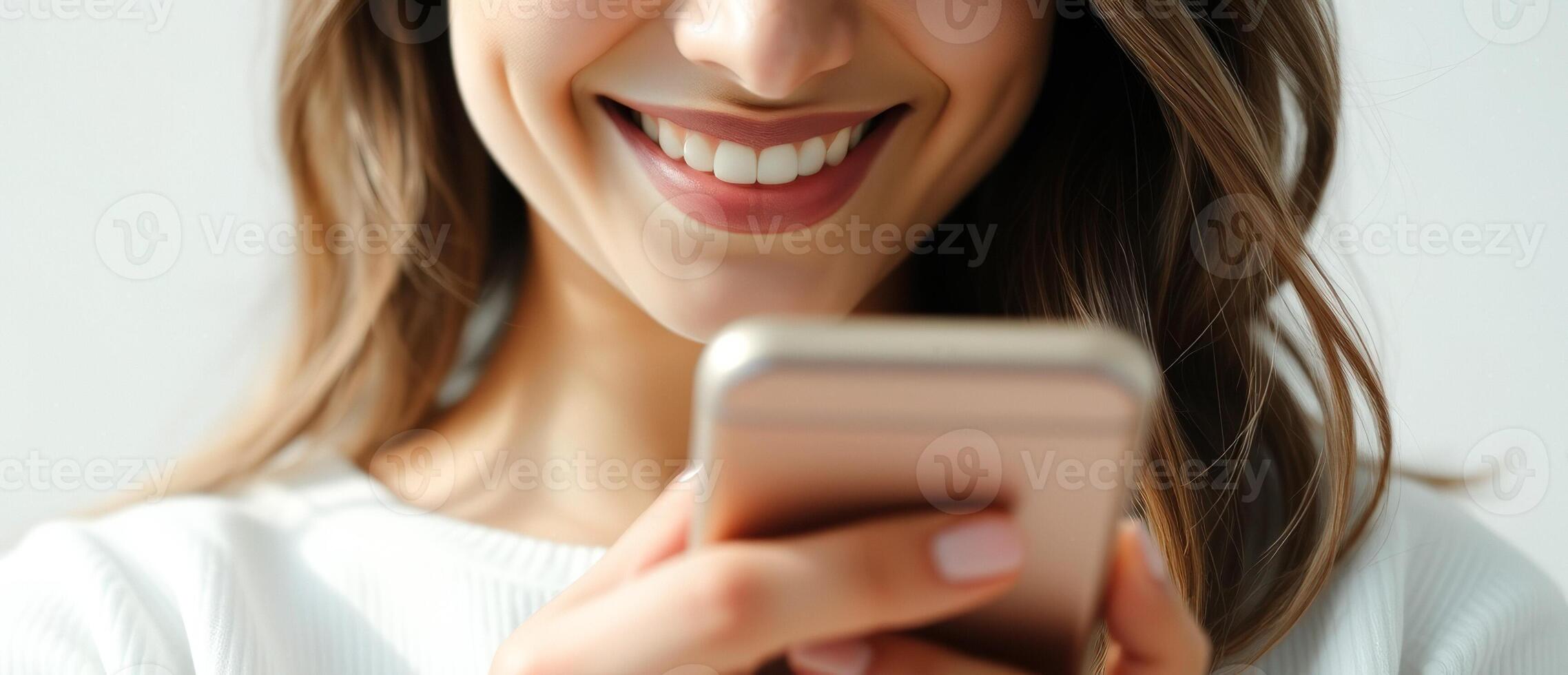 Closeup of a smiling woman looking at her phone photo