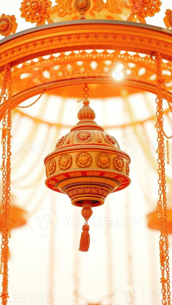 Ornate Golden Ornament Hanging From a Ceiling photo