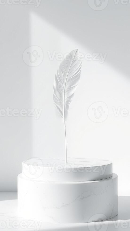 White feather on a white marble podium photo