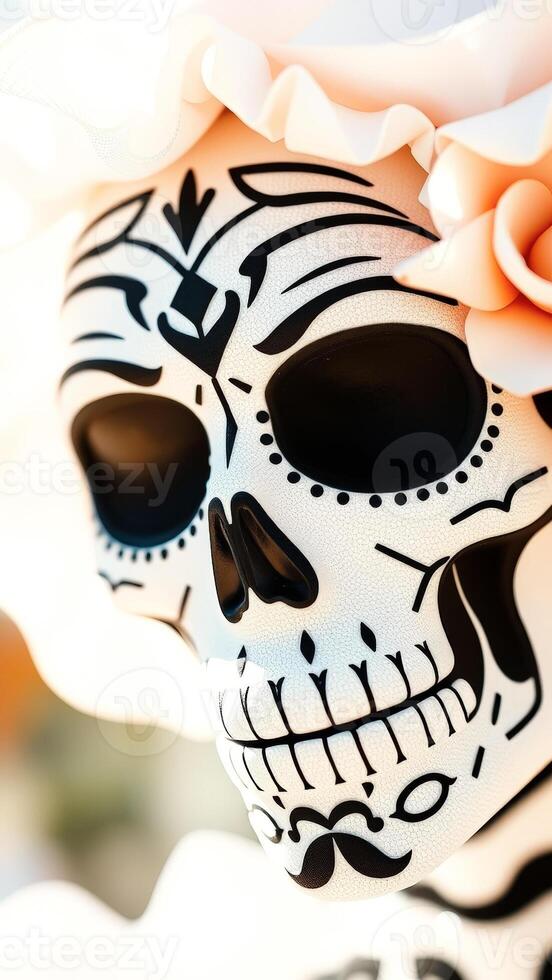Close Up of Sugar Skull with Black and White Design photo