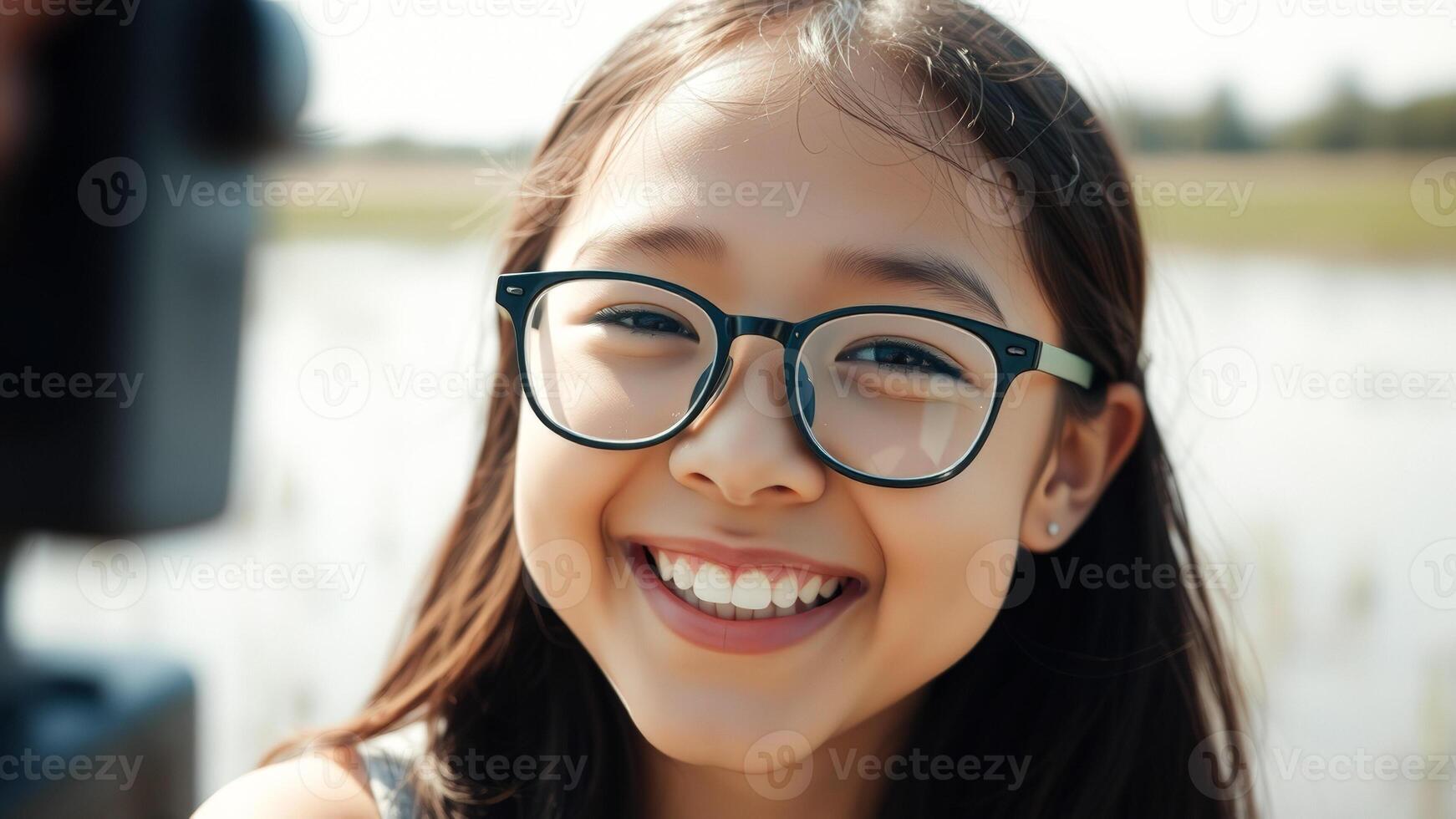 Happy girl with glasses smiling photo