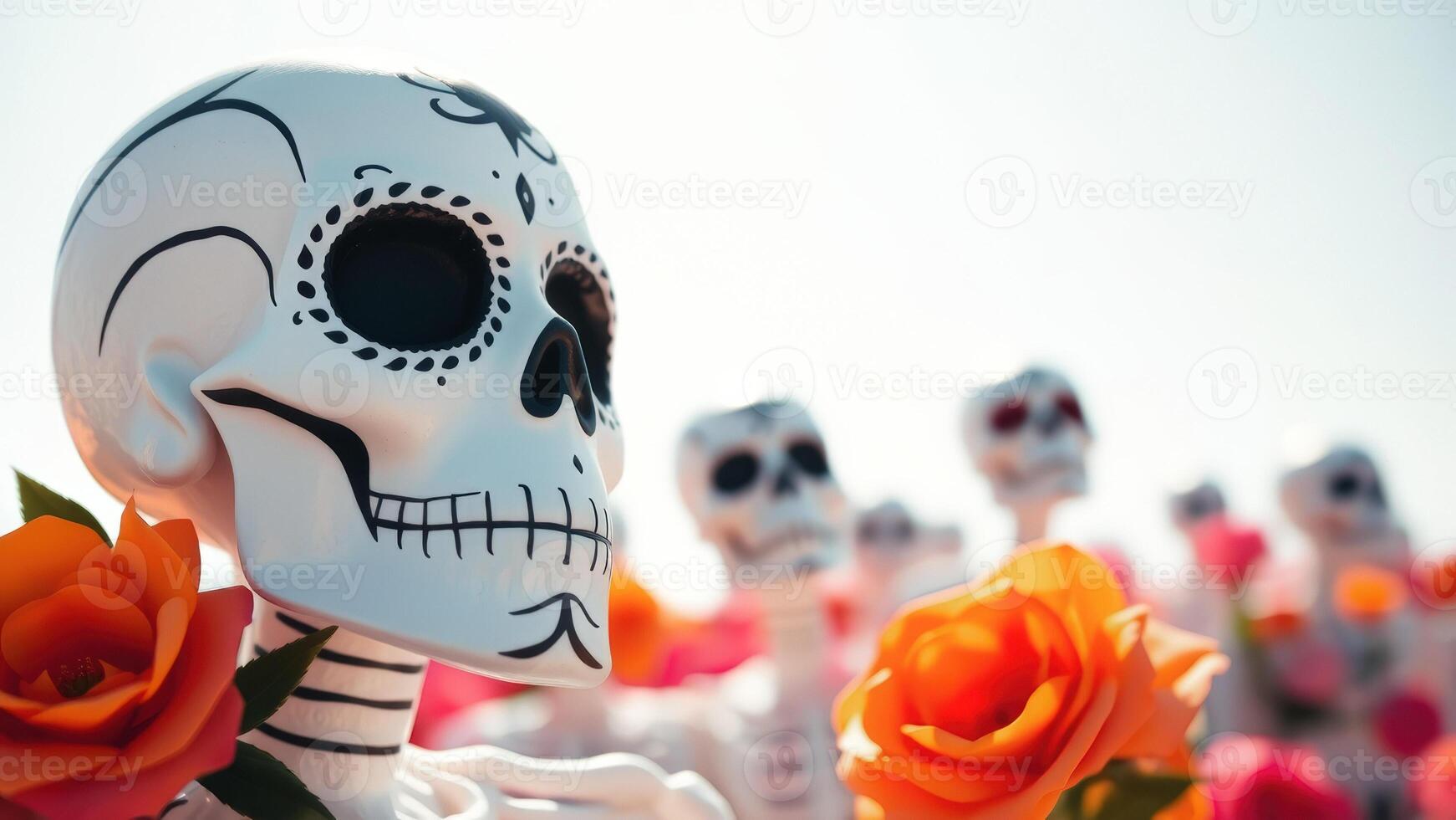 Sugar Skull Close Up with Orange Roses photo
