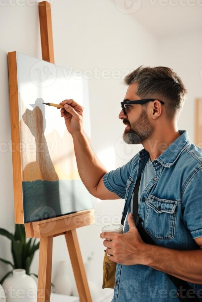Man painting a landscape with a brush and easel photo