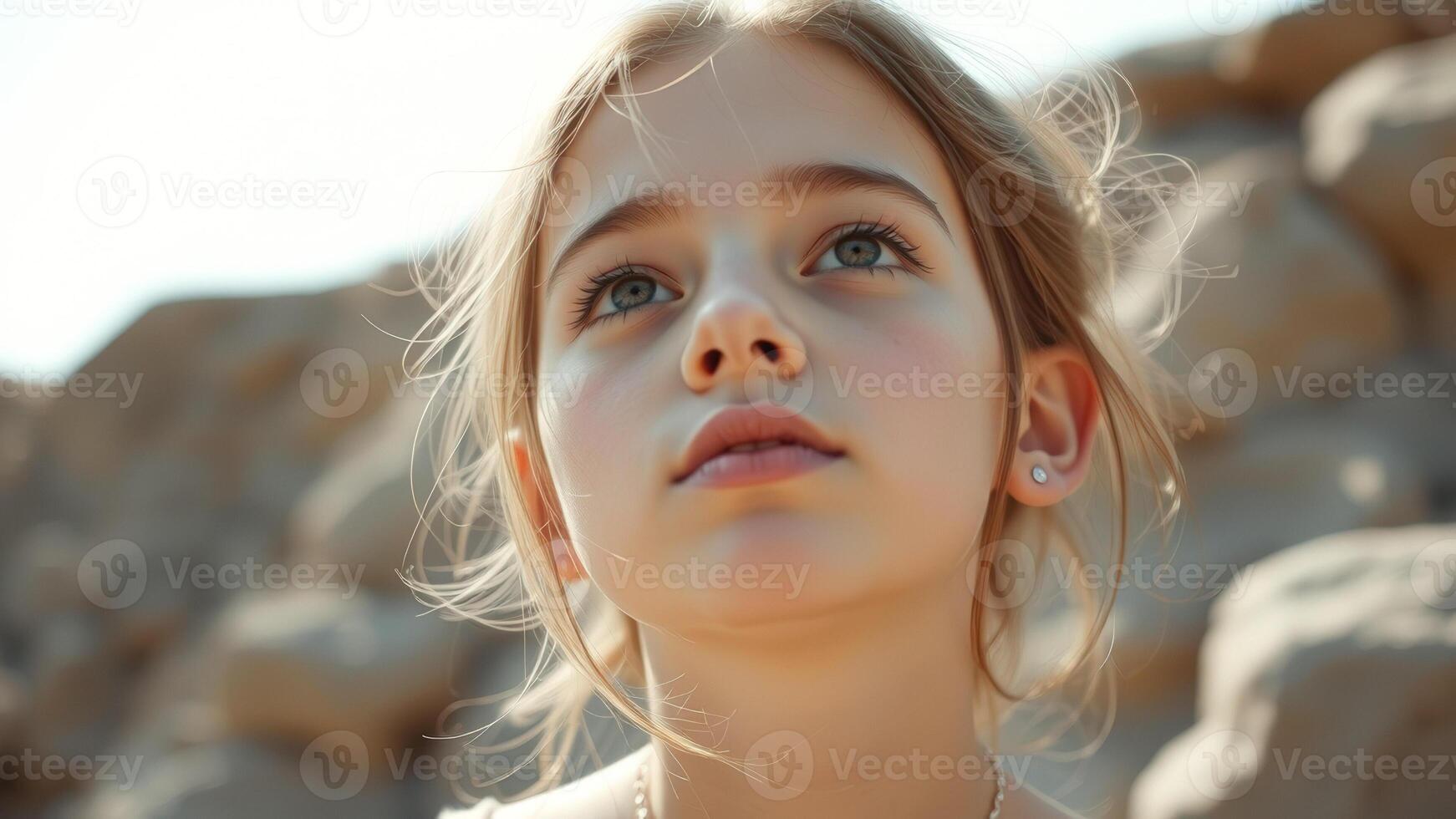 Portrait of a Young Girl with Blonde Hair and Blue Eyes photo