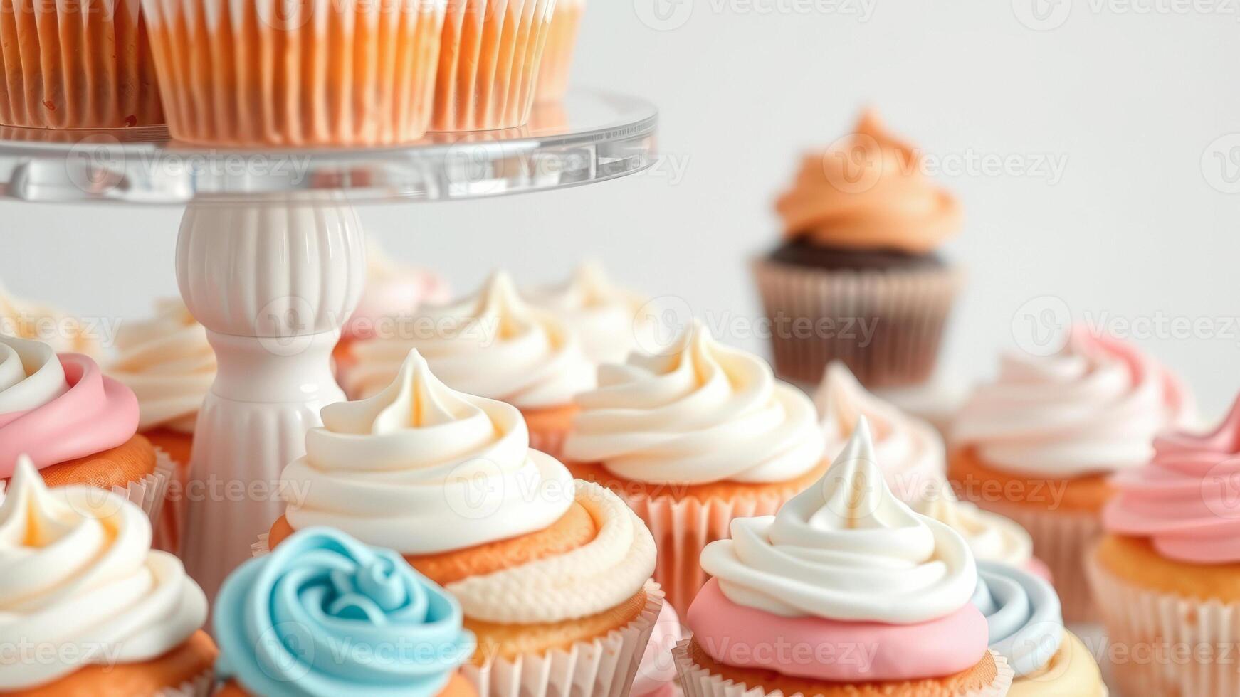 Closeup of colorful cupcakes on a white stand photo