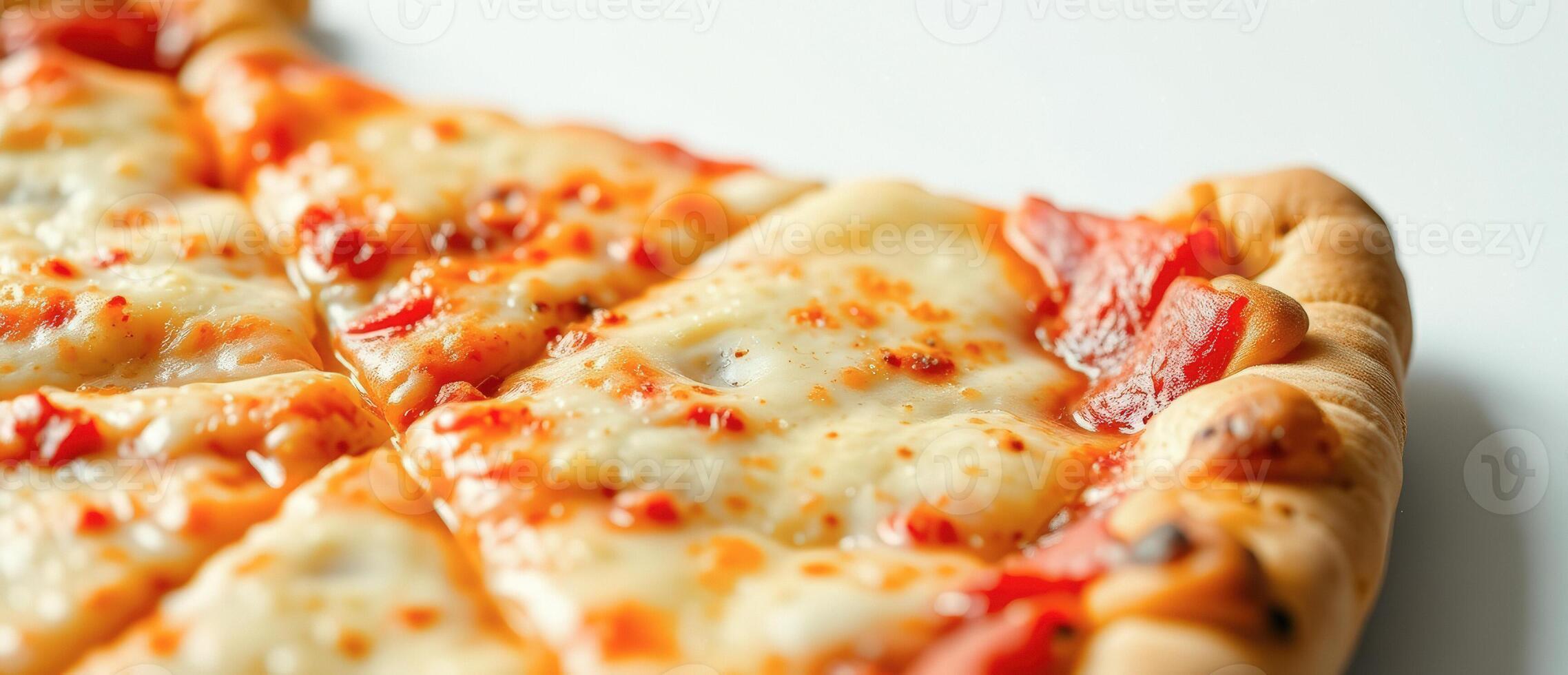 Close-up of a pizza slice with melted mozzarella cheese and tomato sauce photo