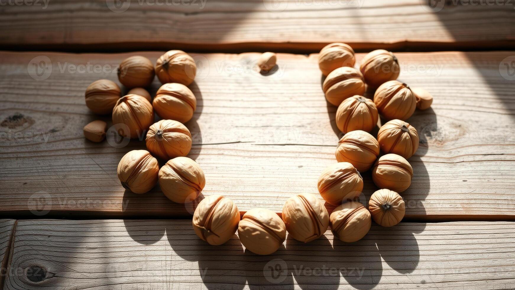 Walnuts arranged in a circle on a wooden surface photo