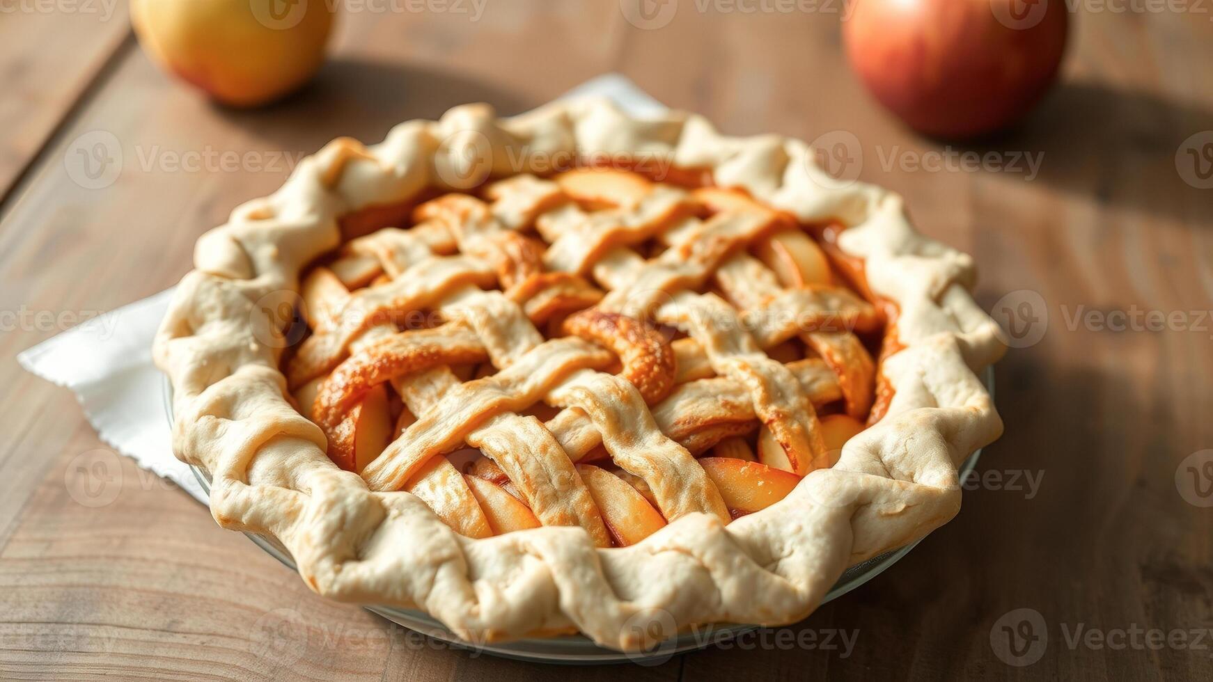 Close-up of a Delicious Peach Pie on a Wooden Table photo