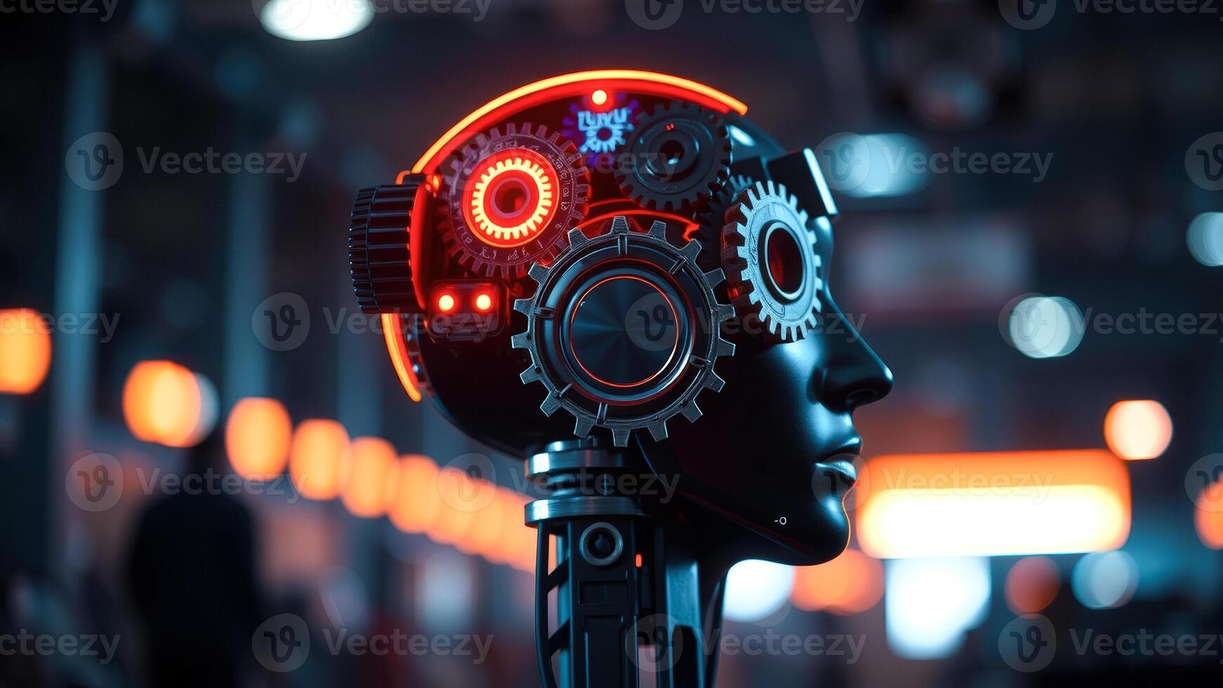 Robot Head with Cogs and Glowing Lights photo
